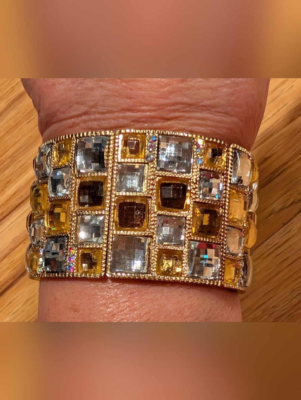 Gold-Tone Amber and Clear Crystal Grid Stretch Bracelet -